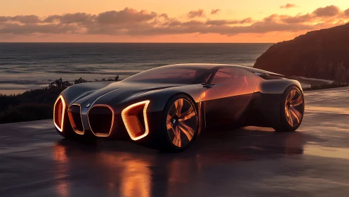 Futuristic coastal supercar concept glows at sunset.