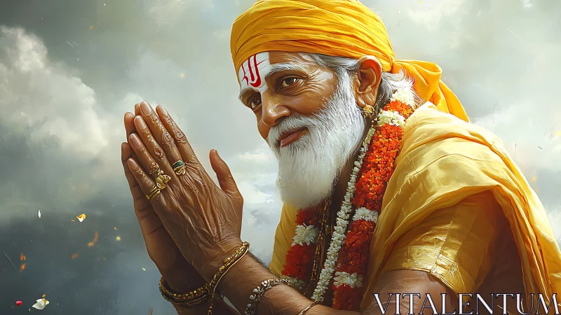 Gentle sage in saffron light offering a serene blessing.