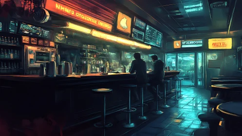 Neon lit cyberpunk diner interior with moody bar patrons.