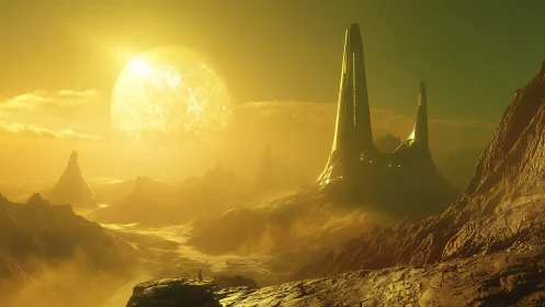 Golden alien sunrise over towering citadel spires.