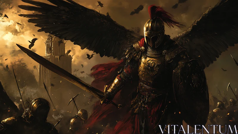 Winged war knight strides through burning battlefield dusk.