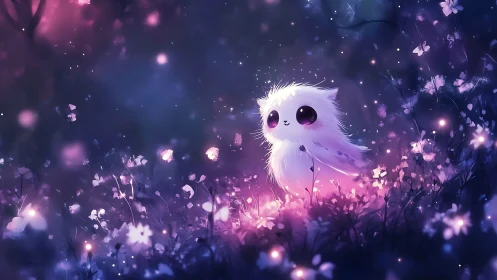 Fluffy fantasy creature standing in glowing flower field.