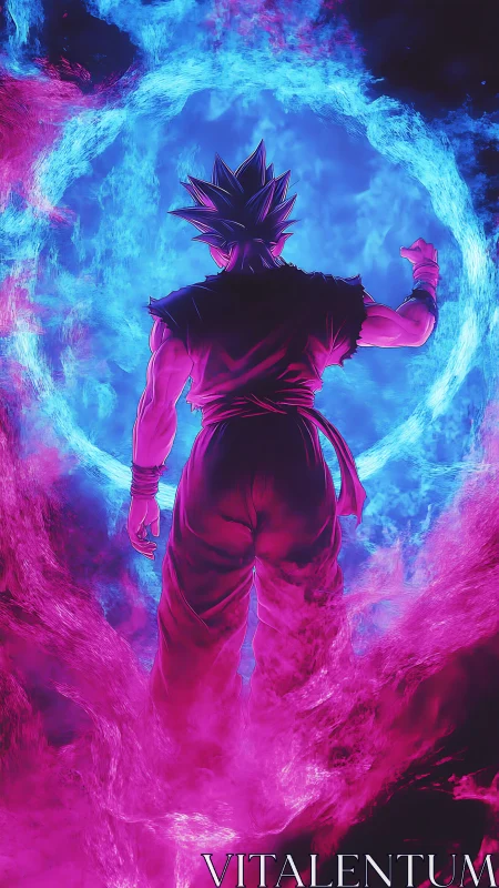 Energetic anime fighter facing glowing blue energy portal.