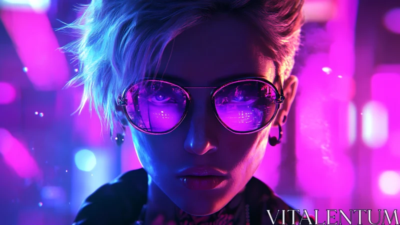 Neon-lit cyberpunk portrait shows reflective lenses and hard rim lighting