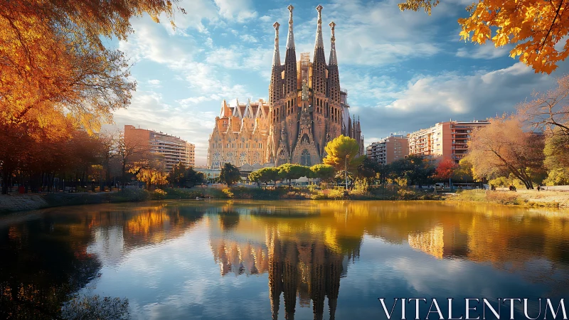 Sagrada Familia reflected across calm autumn city lake.