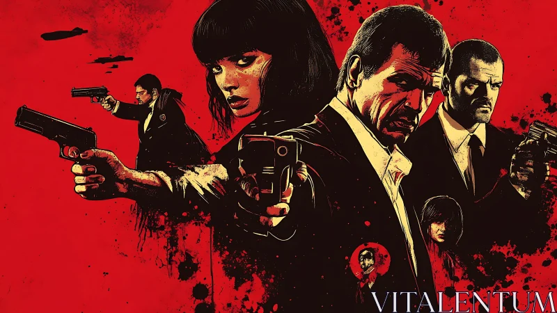 Stylized gunfighters in bold red and black noir tableau.