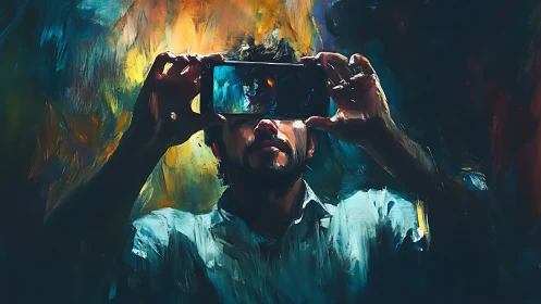 Digital portrait of man framing screen against vivid light.