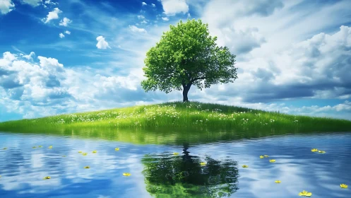 Lone green tree crowns bright meadow above mirror lake.