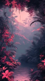 Dreamlike neon jungle creek under soft magenta haze.