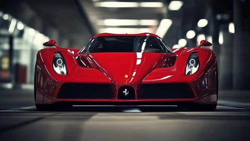 Red supercar poised in futuristic tunnel lighting environment.