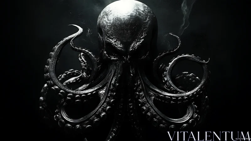 Cephalopod-like entity rendered in monochrome digital scene.