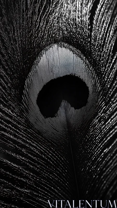Monochrome peacock feather glows with dramatic shadow play