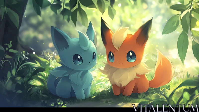 Gentle forest glow surrounds two bright eyed fox friends