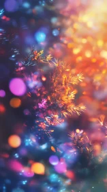 Colorful bokeh lights over softly focused foliage scene.