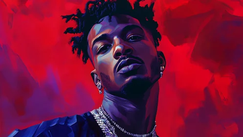 Bold digital portrait of confident man on red background.