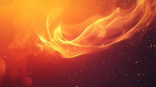 Abstract swirling flames on dark background, glowing particle effect.