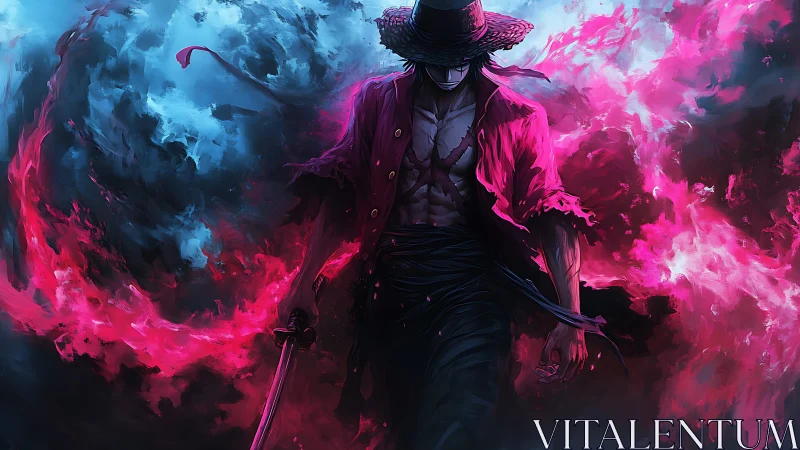 Sword-wielding warrior strides through neon inferno clouds