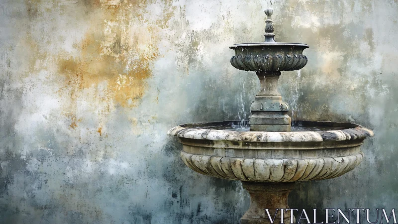 Weathered stone fountain against mottled patina wall.