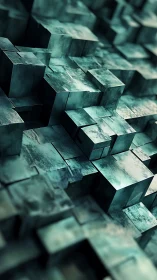 Teal metallic cubes form dense abstract geometric terrain.