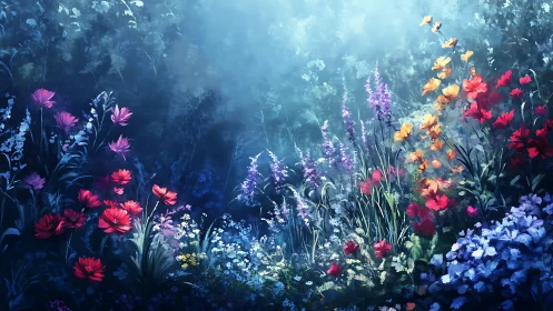 Layered Floral Field with Atmospheric Depth and Color Gradation