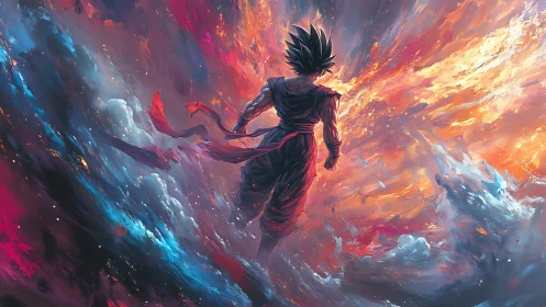 Warrior silhouette amid swirling cosmic firestorm.