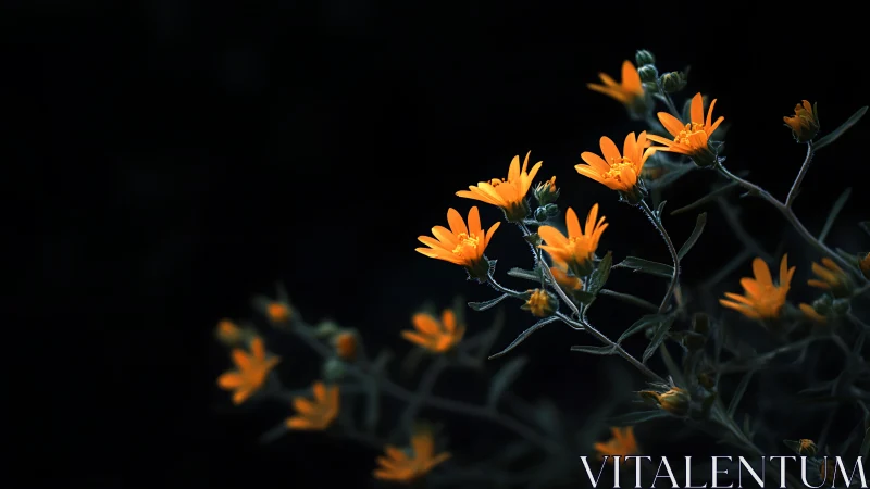 Orange Flowers Against Black Background with Dark Stems