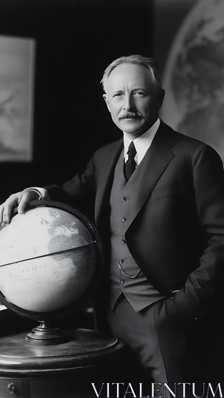 Vintage gentleman in suit posing with terrestrial globe portrait.