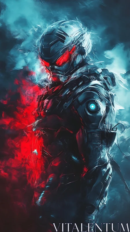 Cybernetic warrior stands in red and blue volatile energy storm.