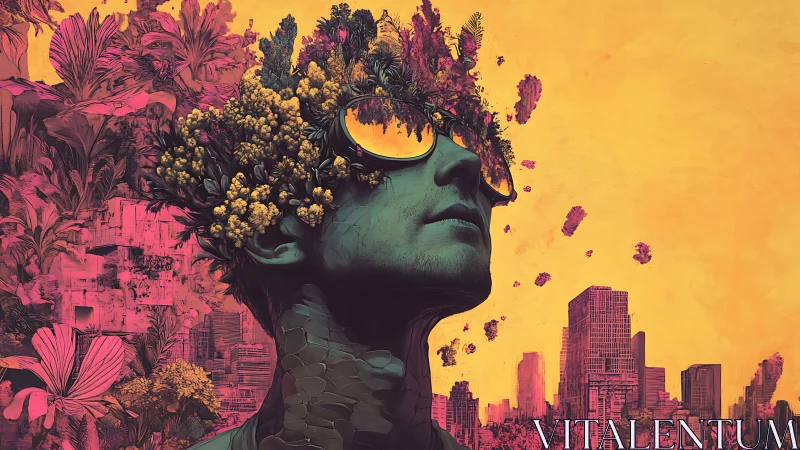 Urban dreamer crowned in blooming neon jungles of thought.