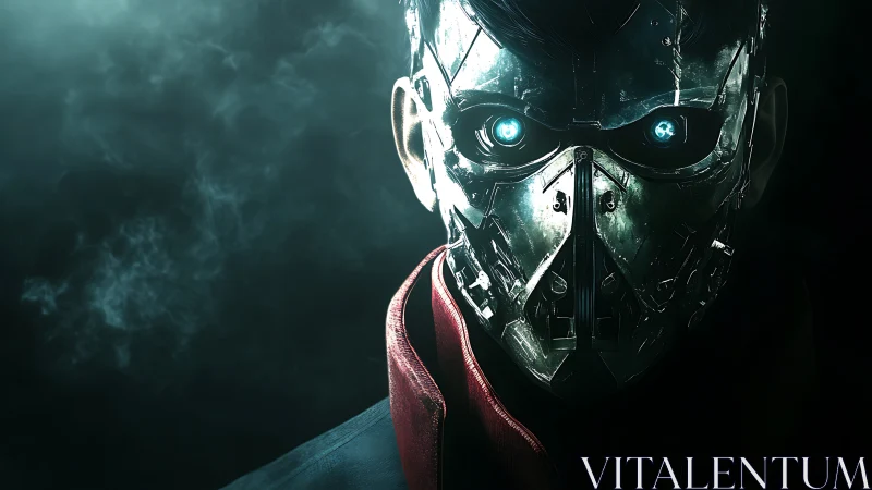 Cyborg figure wears metallic mask with glowing blue eyes