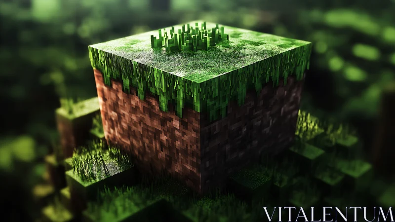 Voxel grass terrain cube rendered with cinematic depth of field