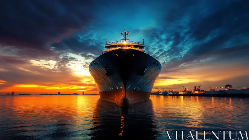 Bow-on maritime vessel under high-dynamic-range sunset sky.