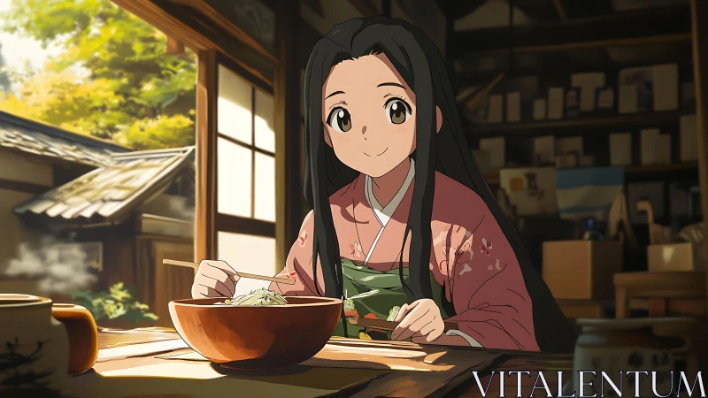 Quiet noodle lunch with a kimono girl in warm sunlight.