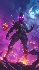 Flaming neon specter strides through burning haunted town