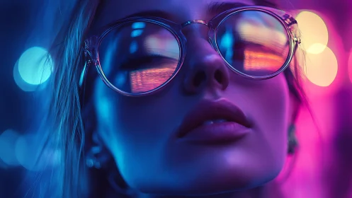 Neon dreamer reflected in electric city lights at night.