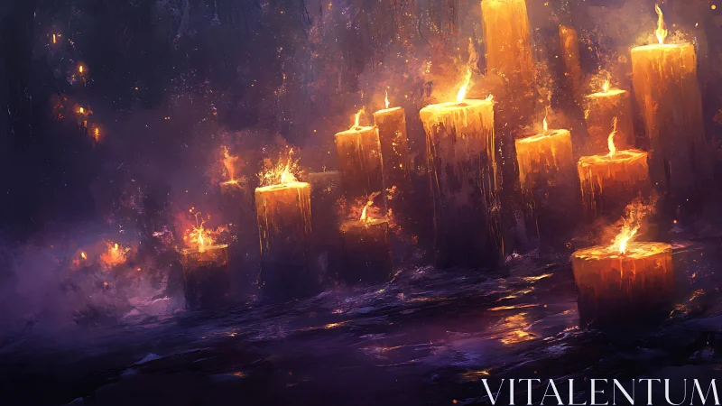 Tall burning candles stand in a dark, misty environment