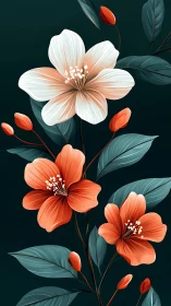 Botanical illustration with coral and white flowers branching against dark teal background