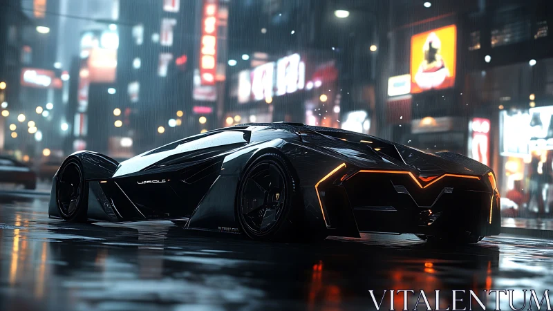 Futuristic black supercar stands in rainy neon city street
