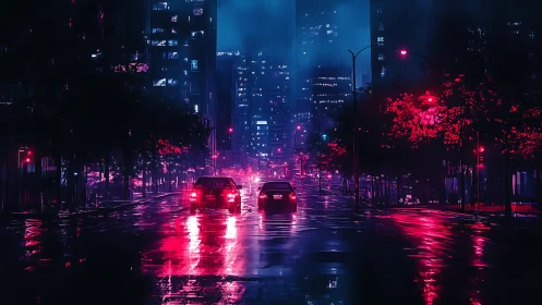 Neon-soaked city street in rain with twin cars idling quietly.