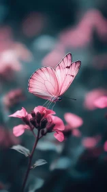 Gentle pink butterfly pauses softly on glowing spring flowers