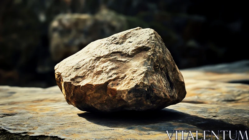 Isolated rough stone resting on flat rock surface outdoors.