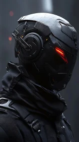 Tactical cybernetic operative with armored helmet and red optics