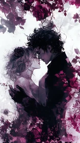 Silhouetted Romance: Ethereal Couple Emerging Through Magenta Ink Dissolution.