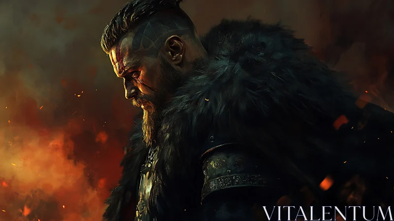 Brooding Viking warrior stands amid embers and rising smoke