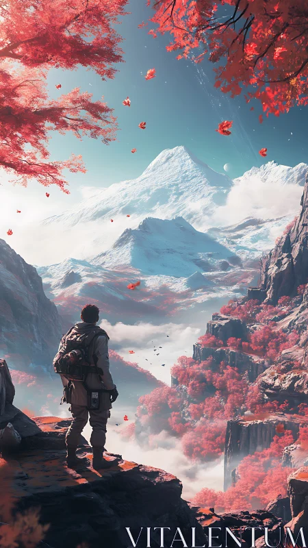 Figure on rocky ledge observing snowy peak and red valley.