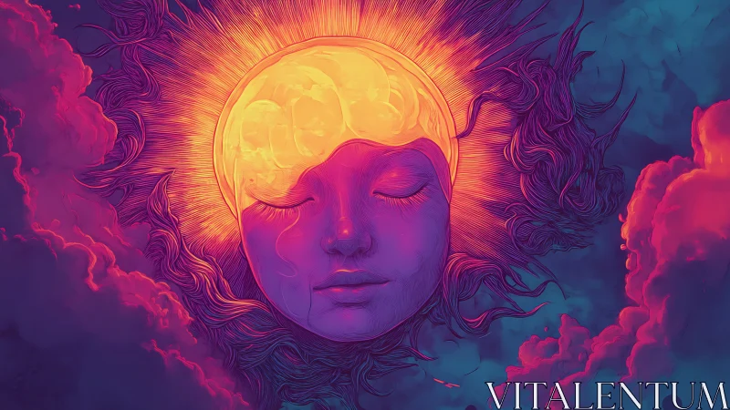 Radiant celestial face merges with sun amid neon clouds