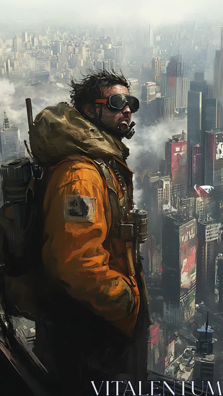 Urban survivor in gas mask overlooking dense ruined city.