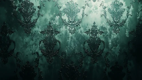 Ornate teal damask pattern glows with moody metallic texture.