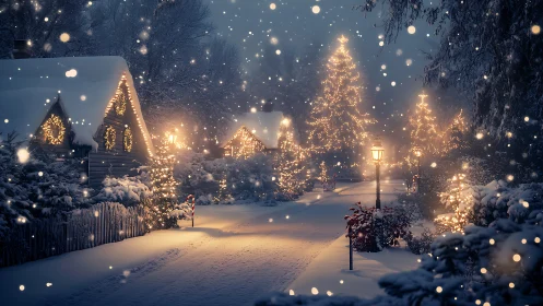 Snowy village street wrapped in soft holiday glow.