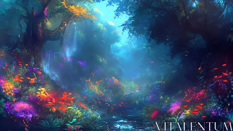 Bioluminescent Forest Cavern with Cascading Waterfall and Vibrant Flora